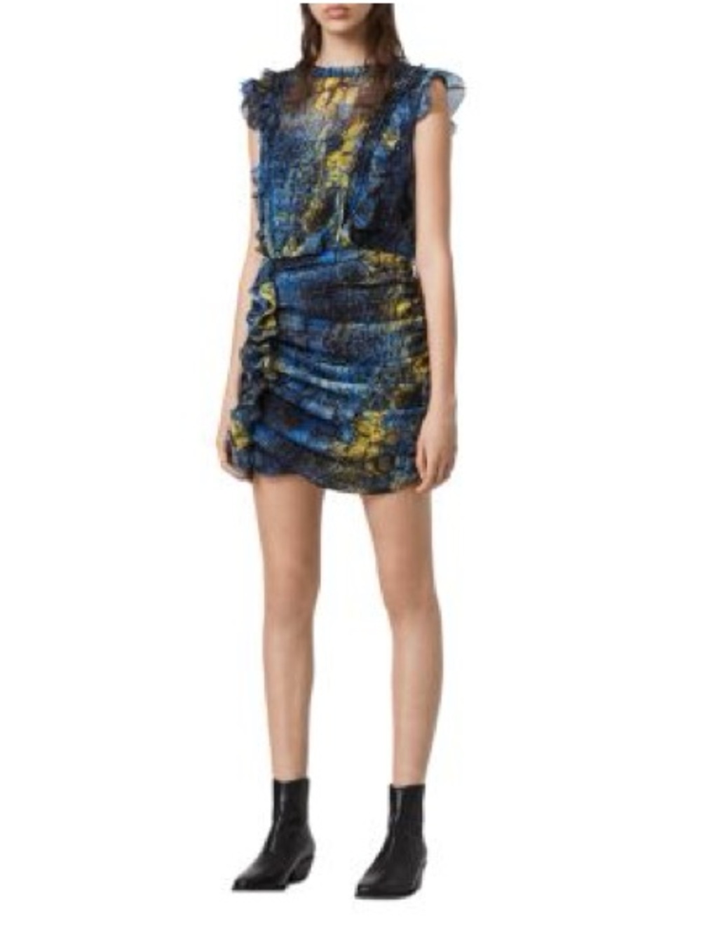 ALLSAINTS Hali Mirus Mini Dress Ruffled Floral-Print in Blue and Yellow